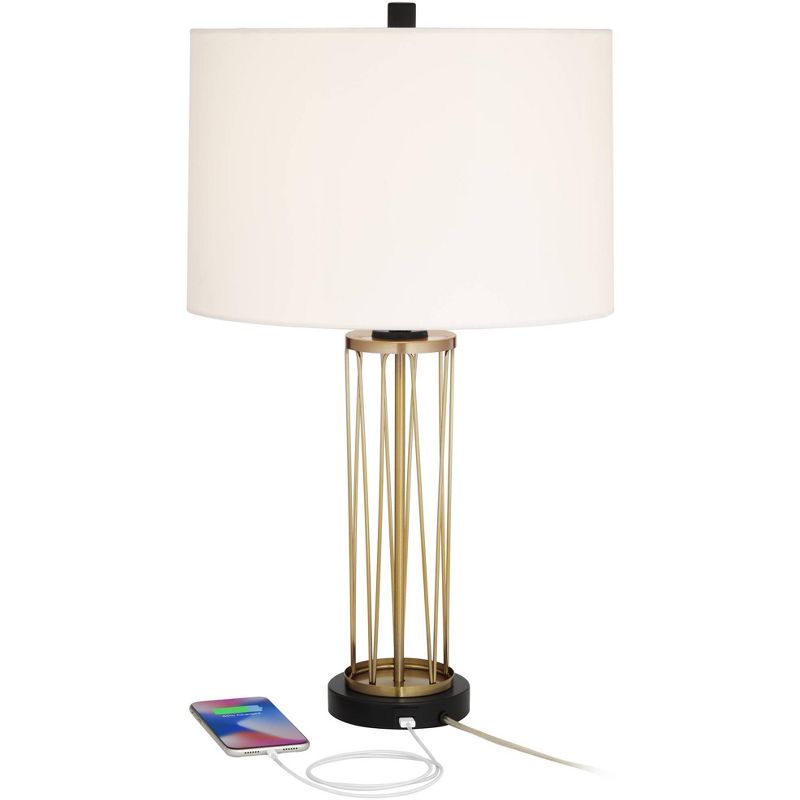 360 Lighting Nathan Modern Table Lamps 25 1/2" High Set of 2 Gold Metal with USB Charging Ports Off White Drum Shade for Bedroom Living Room Home Desk, 3 of 10