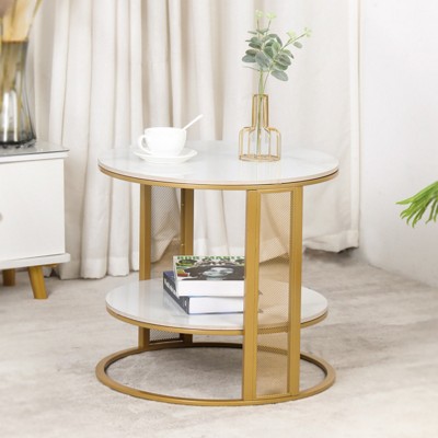 Artloge 2 Tiers Sofa Side End Table Living Room Decor Golden Frame Sintered Stone Top