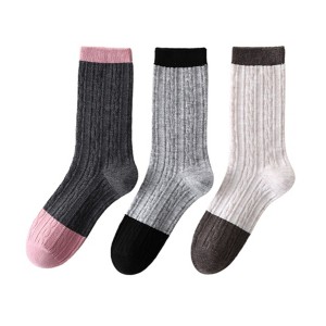 Anna-Kaci Women's 3 Pair Cable Knit Crew Socks with Contrast Color Block Design and Soft Stretch Comfort - Gray - 1 of 4
