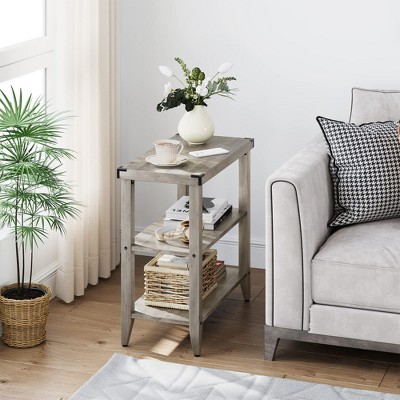 3 Tier Wood Side Table, Narrow Sofa Table with Ample Storage Shelf
