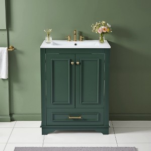 SpassWay 24"L Green Modern Bathroom Vanity with Ceramic Sink Soft Close Doors Silver Handles - 1 of 4