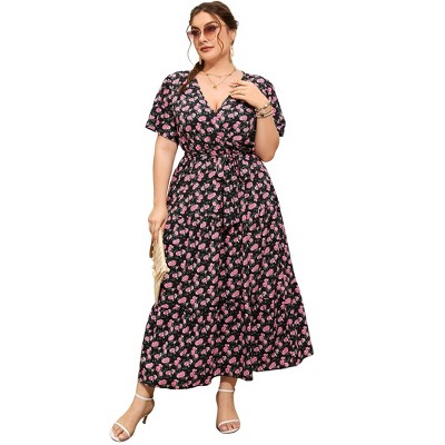 BLUEMING Summer Maxi Dress for Plus Size Women Tie Wasit Surplice Dress Flutter Sleeve A-Line Dress