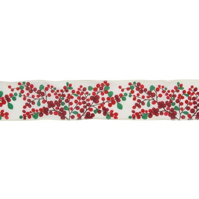 Northlight Red Berries on Branches Christmas Wired Craft Ribbon 2.5" x 16 Yards