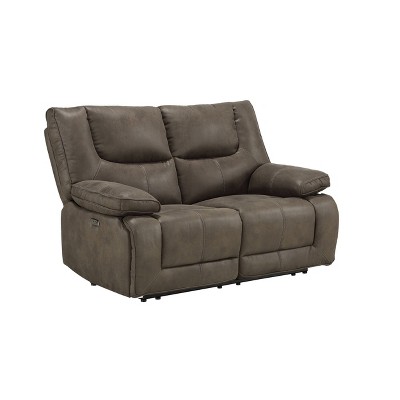 Gray Leather Tufted Power Motion Loveseat with Pillow-Top Arms