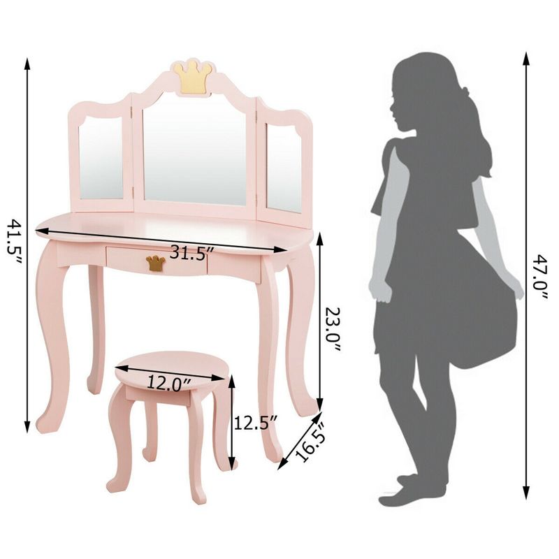 Costway Kids Makeup Dressing Table Chair Set Princess Vanity & Tri-folding Mirror, 2 of 11