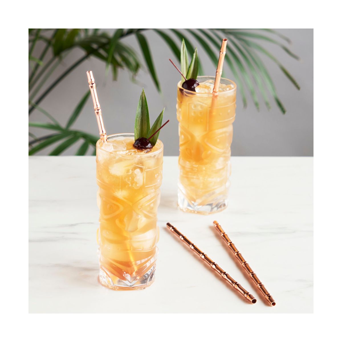 Viski Bamboo Copper Cocktail Straws, Set of 4 Reusable Stainless Steel, Tiki-Inspired Design, Home Bar Accessories, Housewarming Gifts for Women, 9.5” - thumbnail 3