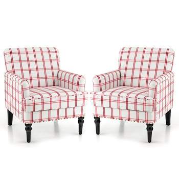 Tangkula Set of 2 Modern Accent Chair Upholstered Sofa Chair w/ Rubber Wood Legs Red Checkerboard