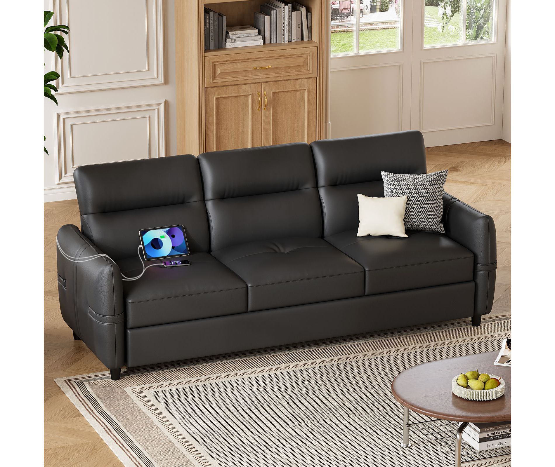 TYBOATLE 85" Faux Leather 3-Seater Sofa with USB Ports, Mid-Century Modern Couch for Living Room, Office, or Apartment – Black