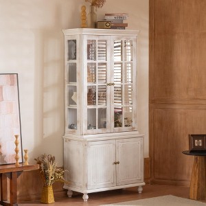 77.5"H Vintage Farmhouse Display Cabinet with 3-Sided Glass & Adjustable Shelves, Antique Brass Handles, Storage Hutch for Living Room - 1 of 4