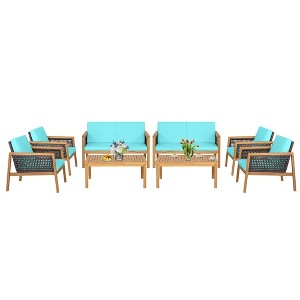 Tangkula 8PCS Patio Acacia Wood Furniture Set PE Rattan Conversation Set w/ Turquoise Cushions - 1 of 4