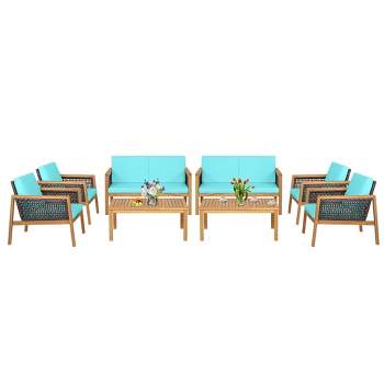 Tangkula 8PCS Patio Acacia Wood Furniture Set PE Rattan Conversation Set w/ Turquoise Cushions