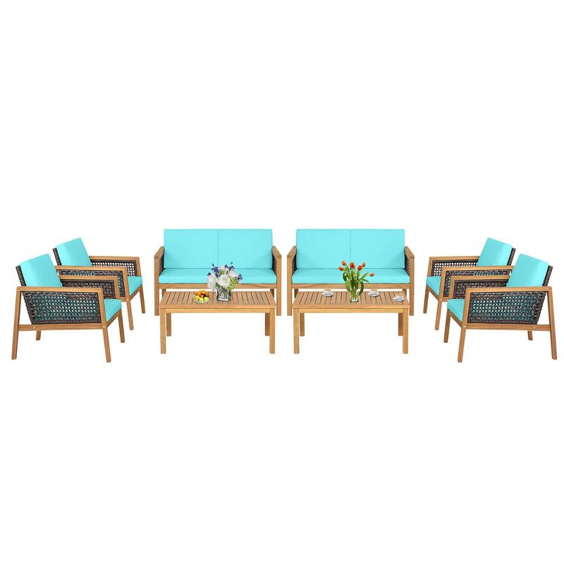 Tangkula 8PCS Patio Acacia Wood Furniture Set PE Rattan Conversation Set w/ Turquoise Cushions, 1 of 11
