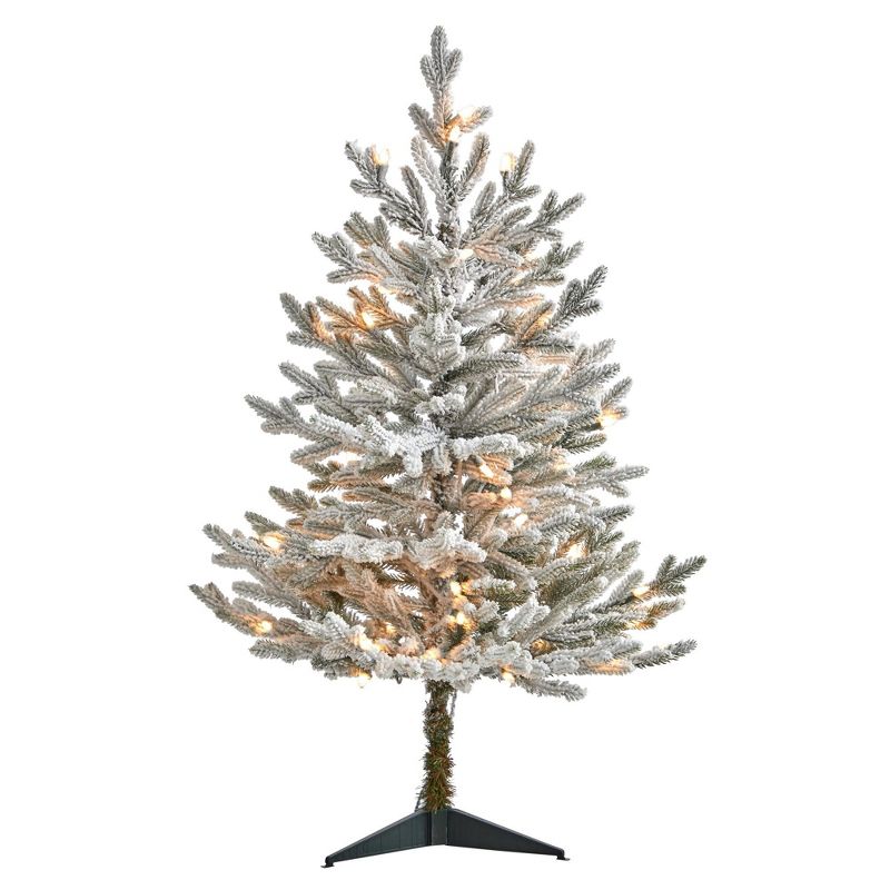 Nearly Natural 3-ft Flocked Fraser Fir Artificial Christmas Tree with 200 Warm White Lights and 481 Bendable Branches, 1 of 8