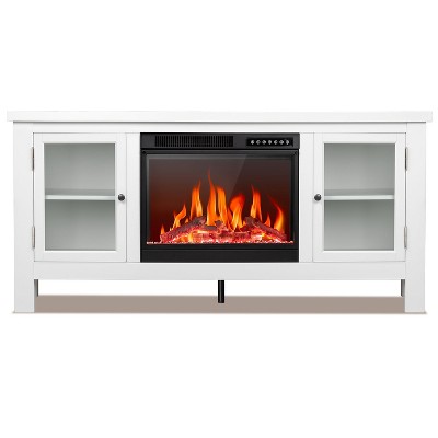 R.W.FLAME 58" Electric Fireplace with Wood Mantel: Pearl Freestanding Unit with Logs & Remote, TV Stand Heater, Adjustable LED Flame, 750W/1500W