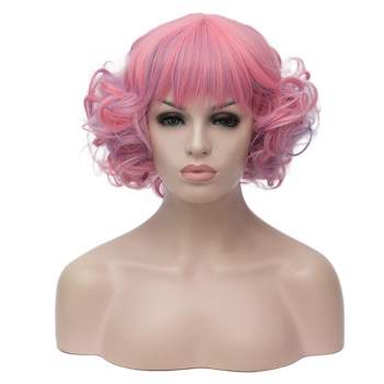 Unique Bargains Curly Women's Wigs 12" Pink Blue Highlight with Wig Cap