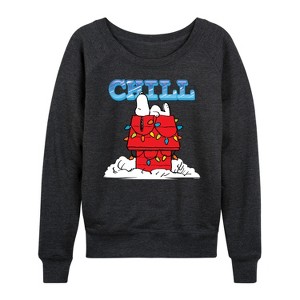 Women's - Peanuts - Snoopy Chill Lightweight French Terry Wide Neck Long Sleeve Graphic Shirt - 1 of 4