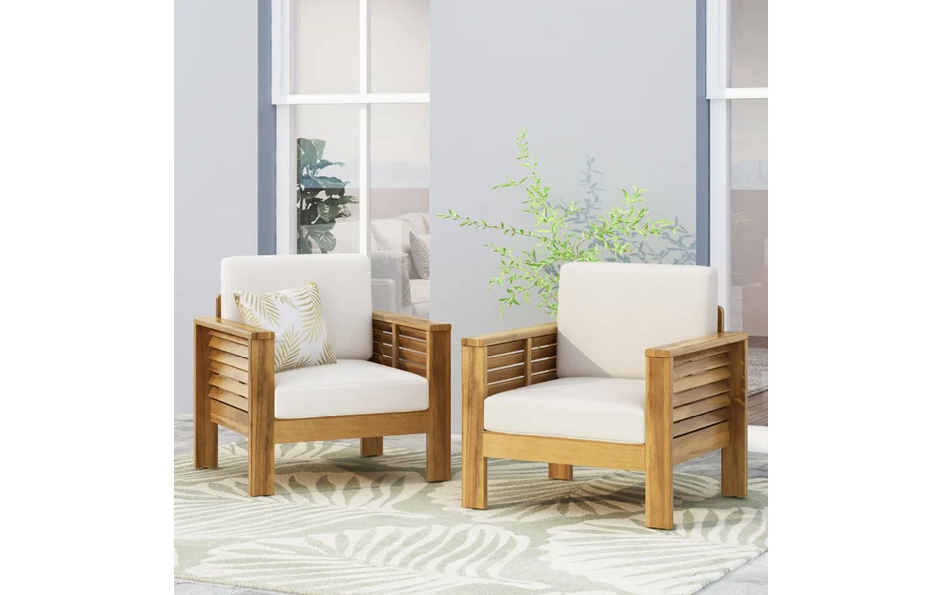 Set of 2 Acacia Wood Outdoor Club Chair with Beige Water-Resistant Cushion, Slatted Back Patio Armchair for Porch or Deck-Baofuwish