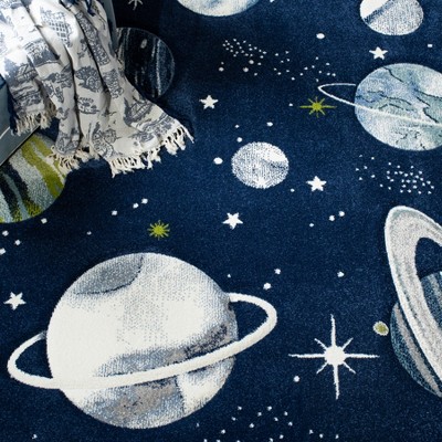 Navy and Ivory Space-Themed Kids Rectangular Area Rug