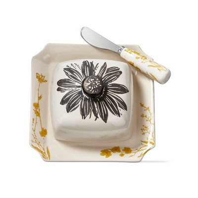tagltd Let It Be Sunflower Themed Stoneware Sqaure Serving Platter with Lid and Cheese Spreader, 6.6 x 6.6 in.