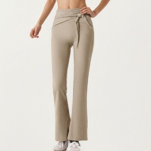 Anna-Kaci Active Women's Ribbed Knit Flare Pants with Wrap Tie Waistband and High Waist Silhouette - 1 of 4