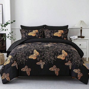 7 Piece Queen Bed in a Bag, Black Comforter Set with Gold Butterfly Print, Reversible, Soft Microfiber, All Season - 1 of 4