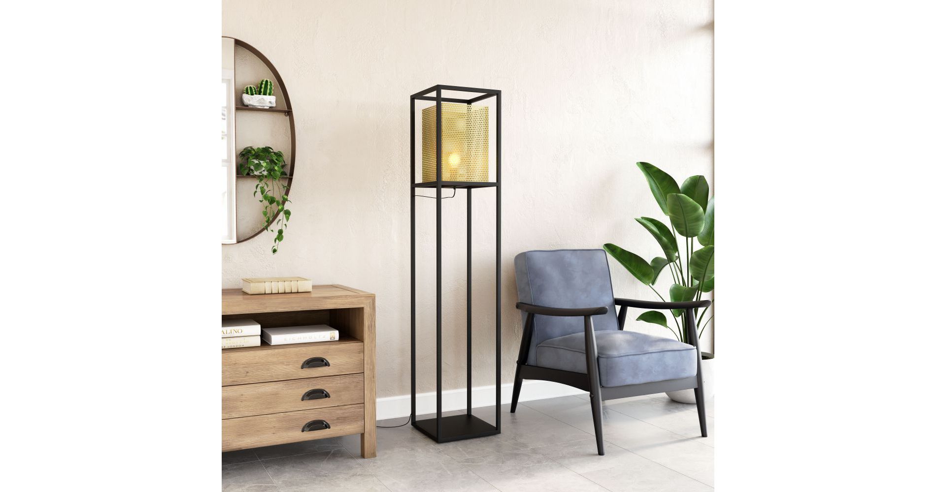 Zuo Modern Yves Floor Lamp – Gold & Black, 59.1" H, Perforated Shade, Steel Frame, Modern Accent Lighting