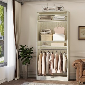 Aheaplus 36" Wooden Closet Organizer and Hangers, Freestanding Wardrobe with Hanging Rails and Adjustable Shelves - 1 of 4
