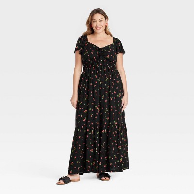 Women's Flutter Short Sleeve Tiered Maxi Empire Waist Dress - Ava & Viv™ Black Strawberries 3X