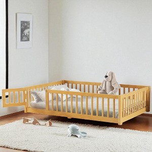 Mshliw Twin/Full/Queen Size Kids Floor Bed with Safety Guardrails and Door, Montessori Style Wooden Platform Bed Frame for Toddlers, Children Bedroom - 1 of 4