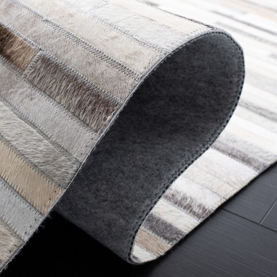 Ivory and Grey Hand-Knotted Cowhide Geometric Area Rug