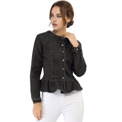 INSPIRE CHIC Women's Peplum Collarless Round Neck Button Down Cropped Ruffle Hem Denim Jackets Small Black — фото 2