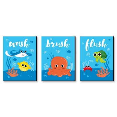 Big Dot of Happiness Under the Sea Critters - Kids Bathroom Rules Wall Art - 7.5 x 10 inches - Set of 3 Signs - Wash, Brush, Flush