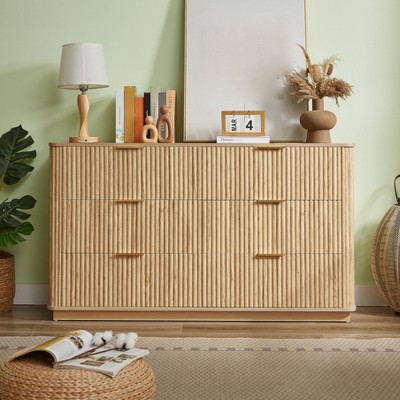 6 Drawer Dresser for Bedroom, 55" Wide Chest of Drawers with Gold Handles, Fluted Closet Drawer TV Stand, Clothing Storage Organizer for Living Room