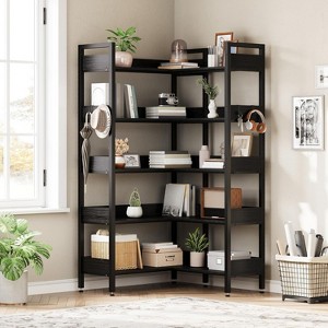 Corner Bookshelf, 5-Tier Bookshelves with 4 Hooks, Convertible Bookshelf, Industrial Wooden Bookcase with Open Shelves and Metal Frame - 1 of 4