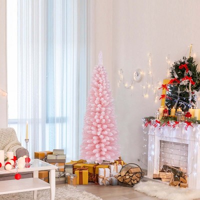 Costway 5/6/7/8 FT Artificial Pink Christmas Tree with 328/460/635/1000 Branch Tips Folding Metal Stand