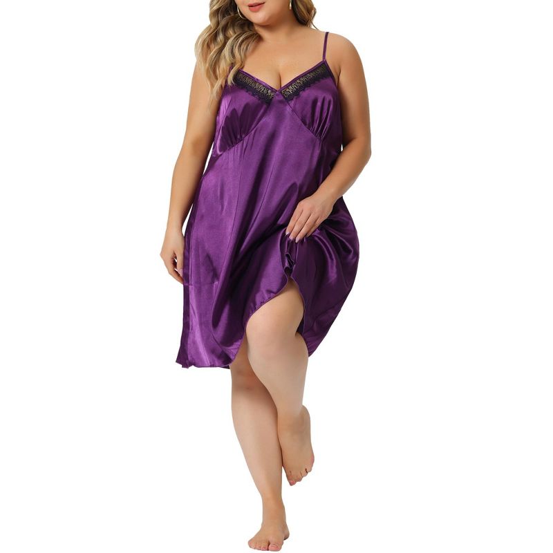 Agnes Orinda Women's Plus Size Satin V-Neck Sleeveles Lace Trim Nightgowns, 1 of 6