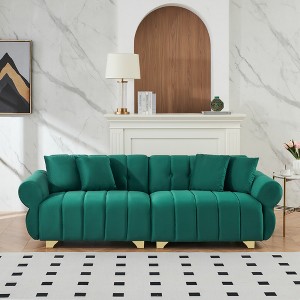 89'' Velvet 3-Seater Sofa with Spring-Wrapped Cushions, 4 Throw Pillows, Metal Feet, Channel Tufted Back for Modern Living Room - 1 of 4