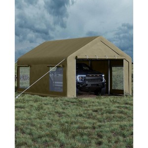 13x20 Ft Carport with 4 Windows, Car Port with 220g PE Tarp, 8 Sandbags, 2 Roll-Up Doors for Full-Size Pickups, Bass Boats, Tractors, and SUVs - 1 of 4