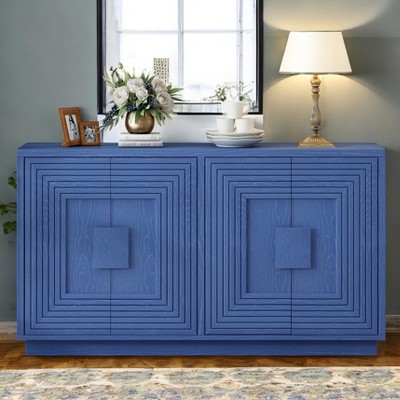 4-Door Vintage Fluted Sideboard,Large Storage Cabinet with Adjustable Shelves,Geometric Pattern Console Table, Solid Wood, Entryway Table for Kitchen
