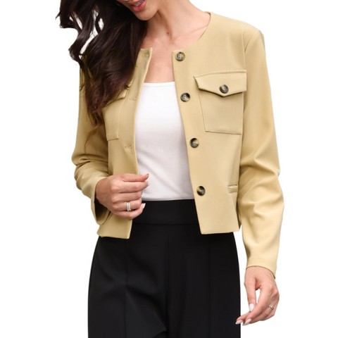 INSPIRE CHIC Women's Button Down Collarless Long Sleeve Round Neck Casual Business Cropped Jacket Medium Khaki