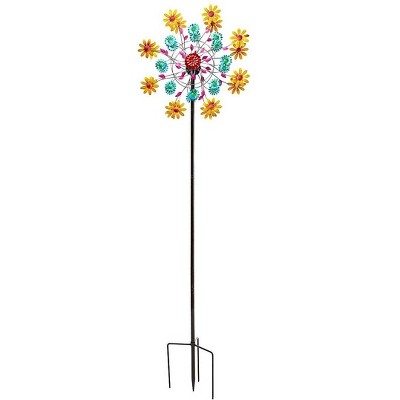 Plow & Hearth - Yellow Daisy Metal Outdoor Garden Wind Spinner - Stands over 7 Feet Tall