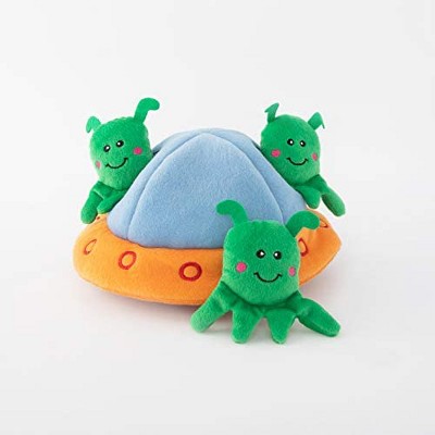 ZippyPaws - Zippy Burrow - Interactive Squeaky Hide and Seek Plush Dog Toy - Aliens in UFO