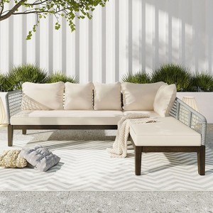 Carrie 2-piece Rope Waved Patio Sectional Sofa, Acacia Wood Frame Outdoor Sofa for 5-Person, Outdoor Furniture - Maison Boucle - 1 of 4