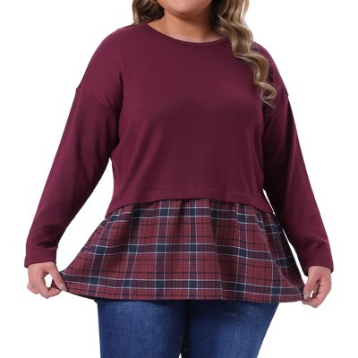 Women's Plus Size Patchwork Plaid Contrast Hem Crew Neck Long Sleeve Casual Fall Peplum Blouse - Agnes Orinda 1X Burgundy