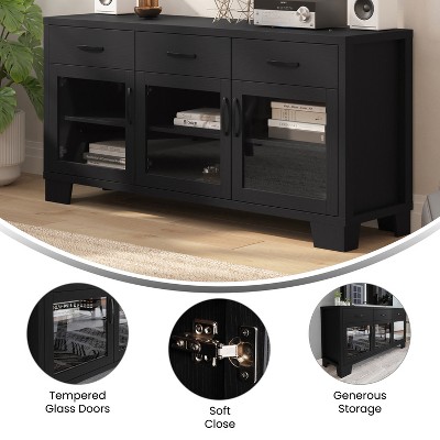 Black Engineered Wood Buffet Sideboard with Glass Doors and Drawers