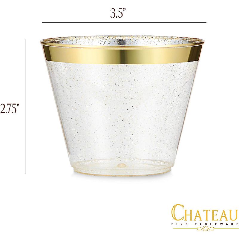 Chateau Fine Tableware 100 Pack 9Oz Plastic Cups Gold Glitter With A Gold Rim - Premium Disposable Party Cups - Elegant And Classy Sturdy Cups, 4 of 7