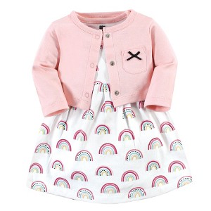 Hudson Baby Infant and Toddler Girl Cotton Dress and Cardigan Set, Modern Rainbow - 1 of 4