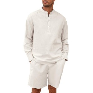Men's 2 Pieces Cotton Linen Set Casual Long Sleeve Henley Shirts and Shorts Summer Matching Outfits - 1 of 4