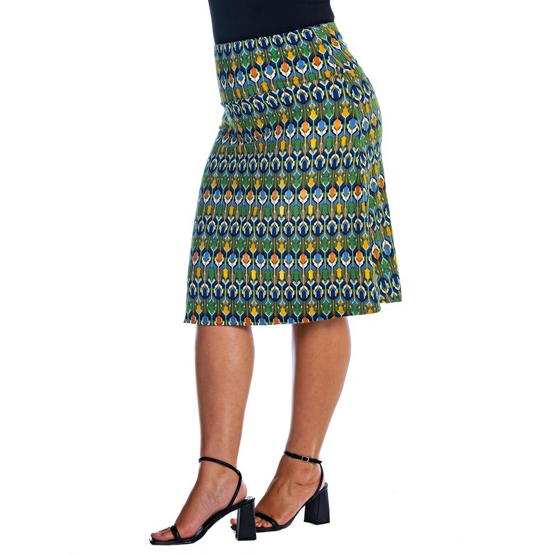 Womens Plus Size Green Geometric Elastic Waist Knee Length Skirt, 2 of 5