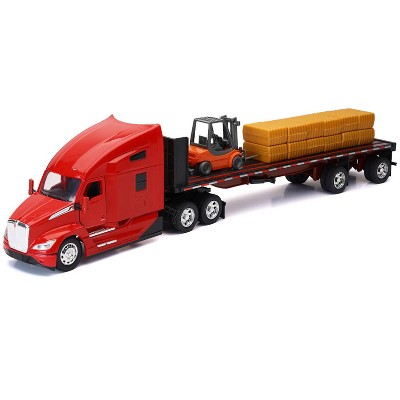 Kenworth T680 Truck Red and Flatbed Trailer with Forklift and Hay Load "Long Haul Trucker" Series 1/32 Diecast Model by New Ray